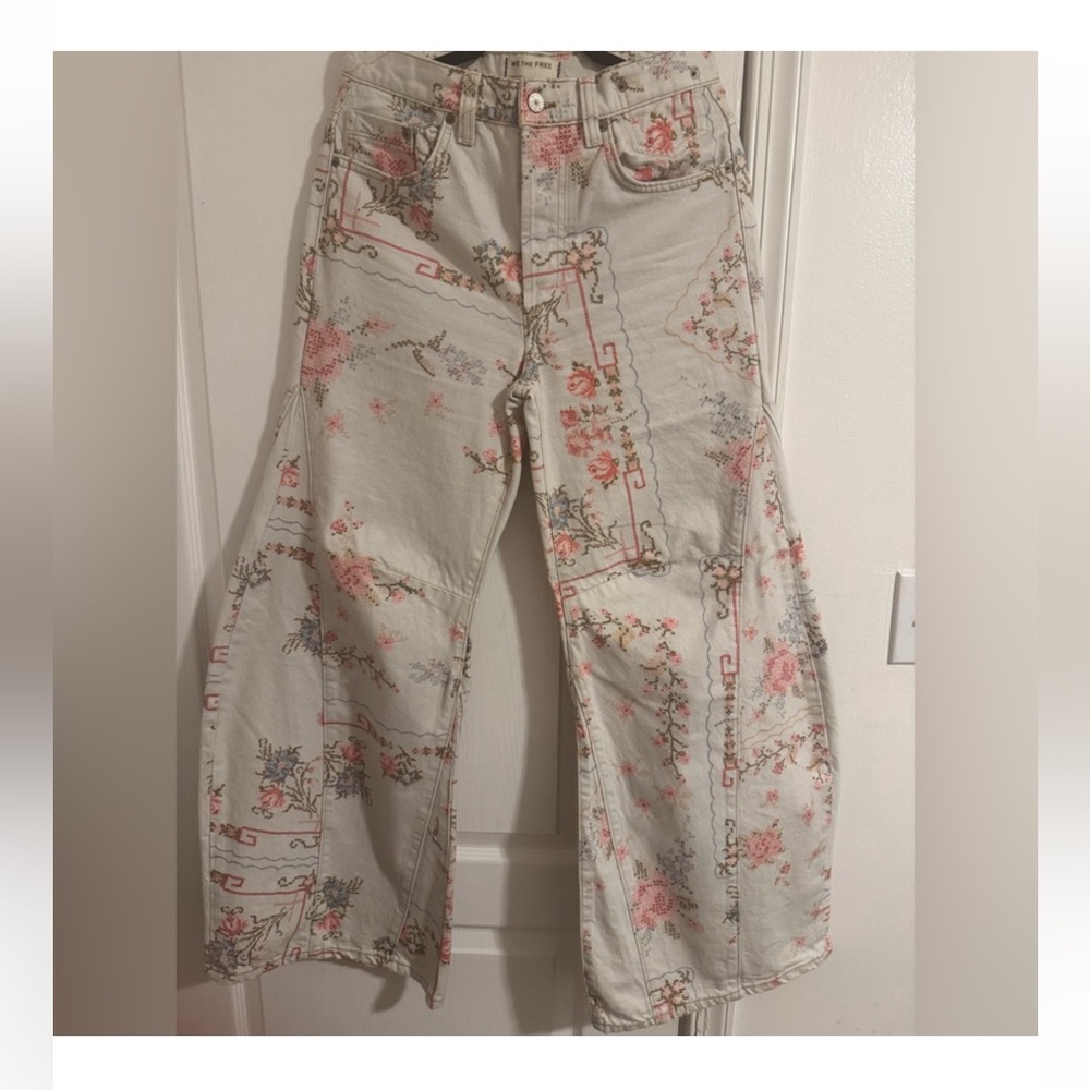We The Free Eden High Slouchy Flare Jeans in Ivory Combo Floral Cross Stitch